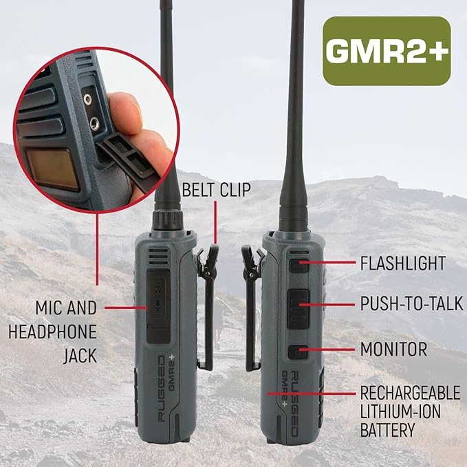 Rugged Radios 2 Pack GMR2 Plus GMRS Handheld Two Way Radio Grey 2 Watt Long Range Walkie Talkie for Hiking Off Roading Events Warehouse Communication