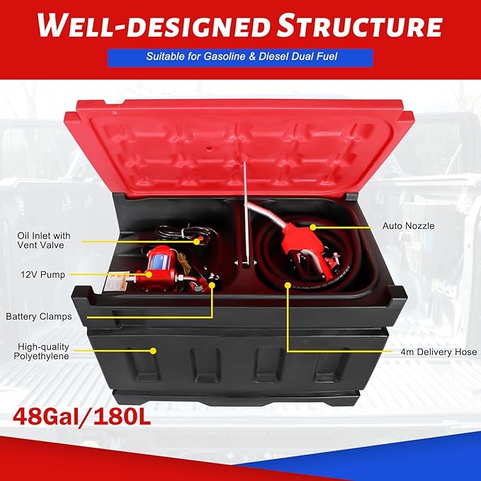 Portable Gasoline Diesel Fuel Transfer Tank with Pump, 10GPM Flow Rate, 48 Gallon Portable Fuel Tank with 12V DC Electric Fuel Transfer Pump for Gasoline Diesel Dual Fuel Capability