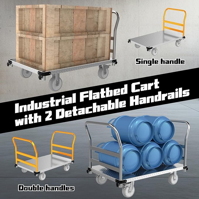 Platform Truck 3000LBS Capacity Industrial Flatbed Cart with 2 Detachable Handels, 44" x 28" Push Dolly with 6" Rubber Swivel Wheels, Heavy Duty Flat Cart Hand Truck for Industrial and Commercial