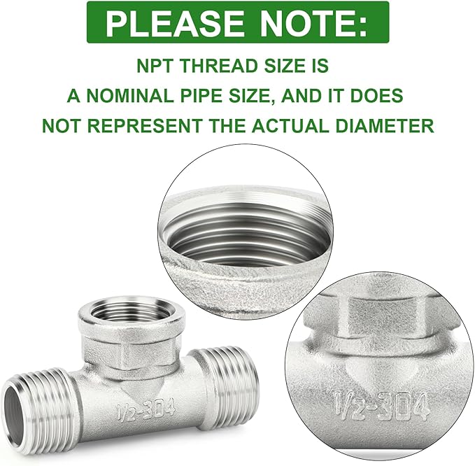 TAISHER 2PCS 304 Stainless Steel Tee Pipe Fittings, 1/2" NPT Male x 1/2" NPT Female x 1/2" NPT Male Pipe Fittings, Female Branch Tee