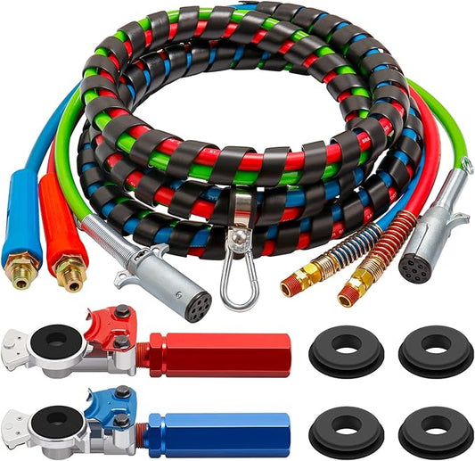 15ft 3 in 1 ABS & Power Air Line Hose with Glad Hand Hex Grip & Rubber Seals for Tractor Trailer Semi Truck