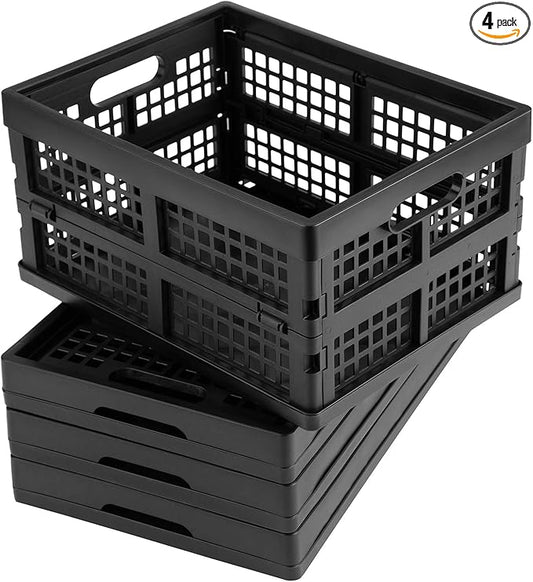 16L Plastic Collapsible Storage Crates,Folding Crates Storage,Pack of 4,Black