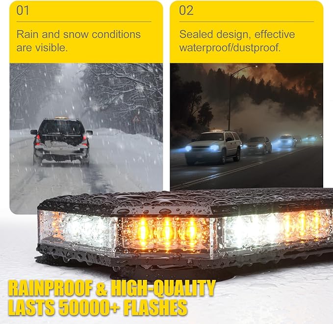 LUMENIX 42 LED Roof Top Strobe Beacon Light Bar Hazard Warning Emergency Flashing Plow Lights with Controller for Construction Vehicles Tow Trucks Postal Cars Snowplow Amber White (Patent Design)