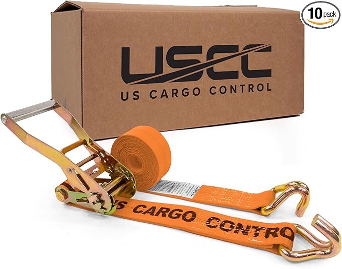 US Cargo Control Wire Hook Ratchet Straps 2 Inch x 12 Foot (10-Pack), 10,000 LBS Break Strength, Ratchet Straps Heavy Duty with Double J Hooks, Orange Cargo Tie Downs for Flatbed Trailers and Trucks