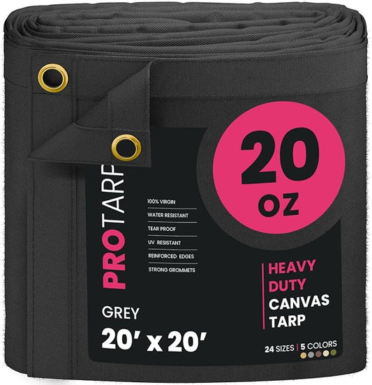 PROTARP Extreme Heavy Duty 20 OZ Water Resistant Canvas Tarp, UV Resistant Tarpaulin Cover with Rustproof Brass Grommets, Multipurpose for Canopy, Roof, Camping, Woodpile (Grey 20'X20')