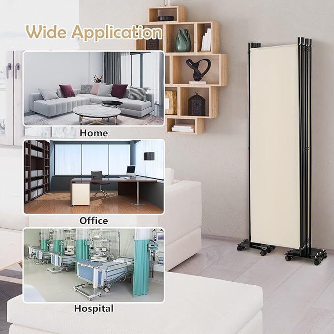 GOFLAME 6 Panel Folding Room Divider, 6FT Rolling Privacy Screen with Lockable Wheels, Portable Room Partition Screen, Freestanding Wall Divider and Separator for Home Office, White