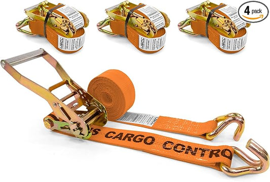 US Cargo Control Wire Hook Ratchet Straps 2 Inch x 12 Foot (4-Pack), 10,000 LBS Break Strength, Ratchet Straps Heavy Duty with Double J Hooks, Orange Cargo Tie Downs for Flatbed Trailers and Trucks