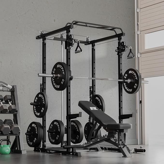 RitFit Multi-Function Squat Rack Power Cage PPC-P3 with Cable Crossover System, 1200LBS Capacity Power Rack and Packages with Optional Weight Bench, Barbell Weight Set, for Garage Workout & Home Gym