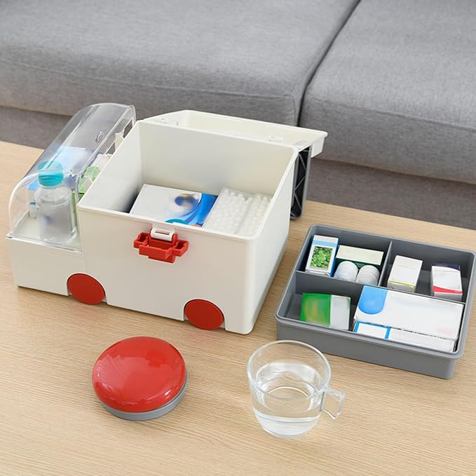 Storage Box, Portable Ambulance Shaped Emergency Aid Kit Organizer with Handle for Home, Travel and Medical Supplies Storage
