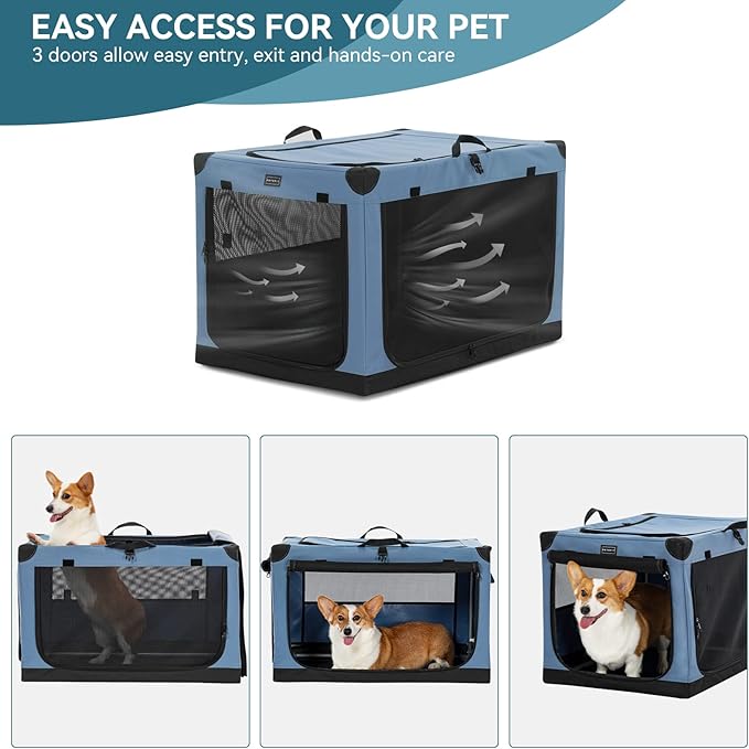 PETSFIT Collapsible Dog Crate, with Patented Adjustable Fabric Cover, Chewproof & Lockable Mesh Doors, Waterproof Base Soft Kennel Blue 30 Inch