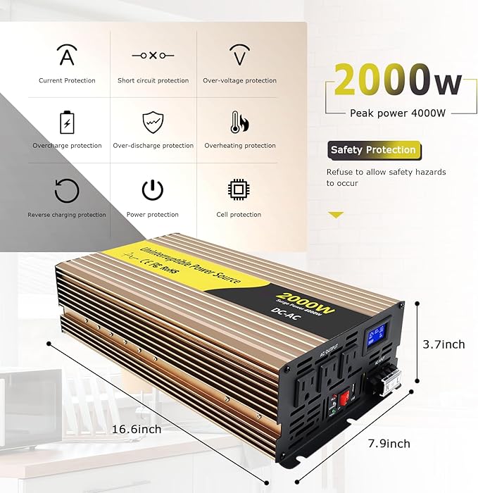 2000W Sump Pump Battery Backup Power System,Basment Protection Sump Pump Inverter with LCD Display and Automatic Battery Backup Switching for Basement Emergency and Power Outage Backup (Gold)