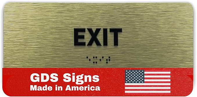 Exit Identification Sign - ADA Compliant Sign, Raised Icons, Raised Braille, Brushed Gold, TCO Inspection Certified (7"W x 3"H) - by GDS - Made in USA
