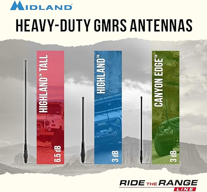 Midland - MXAT04VP-6.6dB Heavy-Duty Bull Bar Antenna with Spring Base Micromobile - 47.5” with 462-468 MHz Frequency - Long Range GMRS Communication - Overlanding Off-Roading - (Bundle)