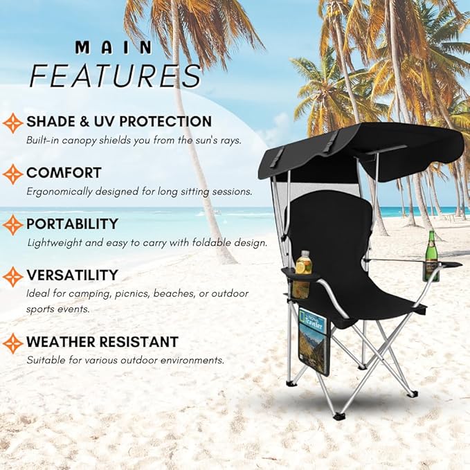 Portable Folding Camping Chairs with Canopy Shade, Beach Chair for Adults, Durable Weather Resistant 600D Oxford Cloth, Camping Chair with Canopy for Outdoors [Black-2 Pack]