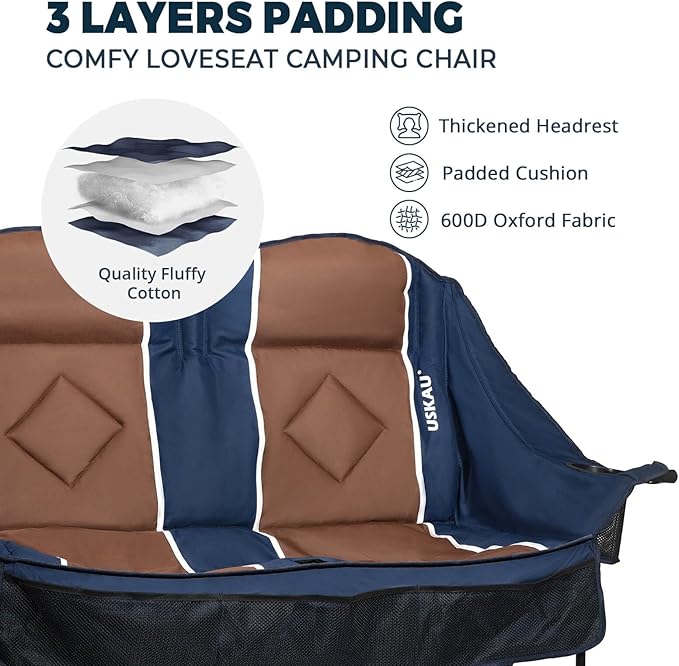 Oversized Double Camping Chair - 2 Person Portable Folding Outdoor Loveseat Heavy Duty Lawn Chairs for Adults with Padded Cushion & Dual Cup Holders, Supports 660LBS for Camping，Sports，Picnic
