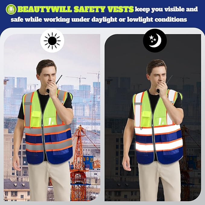 BeautyWill 10 Pack Custom Logo Safety Vest ANSI Class 2 High Visibility Reflective Vest Personalized Construction Vest Bulk