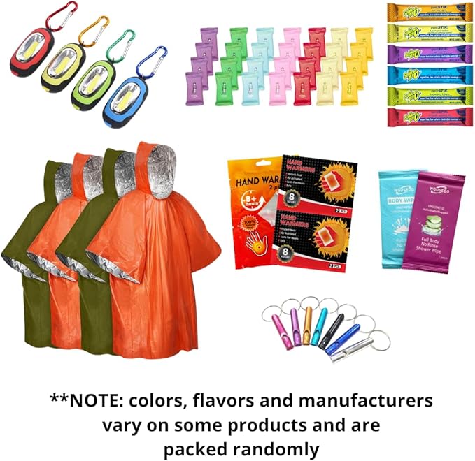 Winter Storm Emergency Kit with COB Keychain Light, 15 Essential Items (30 Pieces Total) with Rain Poncho, Blanket, First Aid, Emergency Water