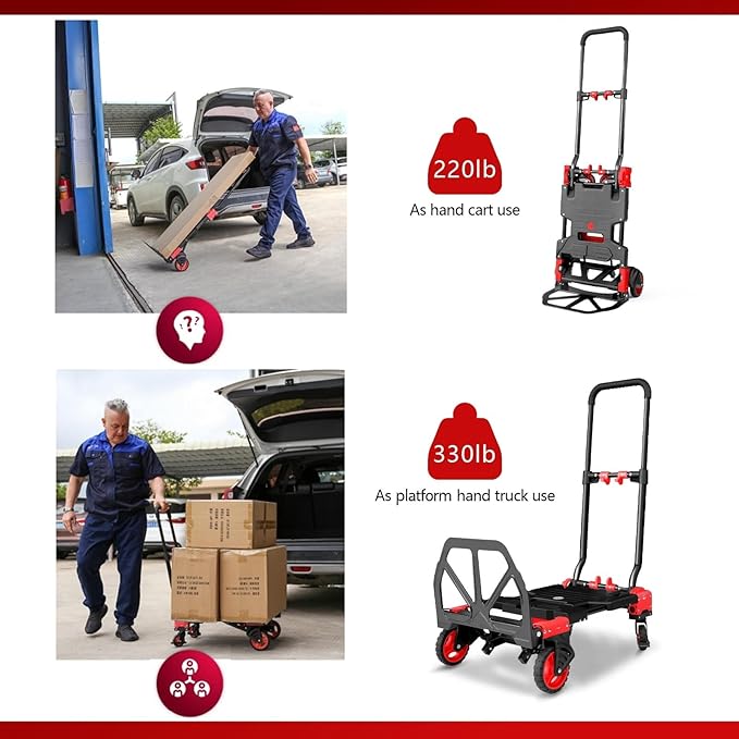 2 in 1 Hand Truck Dolly Foldable, 330LB Folding Hand Truck Heavy Duty Carrying, Folding Hand Cart with Retractable Handle Dolly Cart for Moving