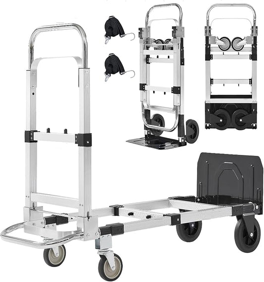 Upgraded 3 in 1 Aluminum Folding Hand Truck, 600lbs Capacity, Heavy Duty Convertible Dolly with Retractable Handle and 4 Rubber Wheels, Collapsible Cart for Moving Home, Office, Warehouse (Black)