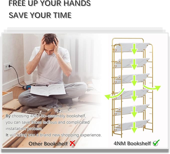 4NM No Assembly Folding Bookshelf, 6 Tiers Collapsible Book Shelves Open Industrial Foldable Storage Bookcase Shelf for Bedroom, Living Room, Home Office - White and Gold