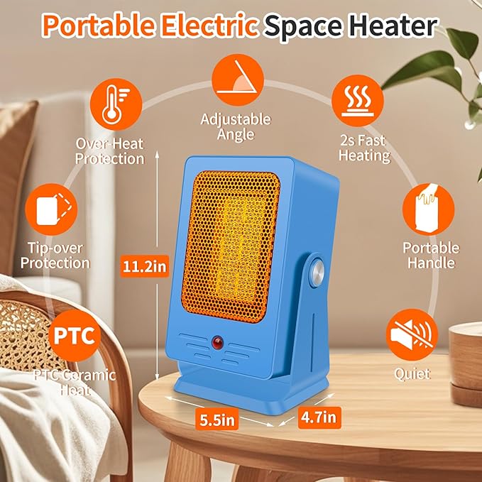 Portable Space Heaters for Indoor Use,Desktop Heater with 900W PTC 2s Fast Heating, 30° Adjustable Angle Design Small Electric Heater Lightweight for Personal, Office,Room,Blue