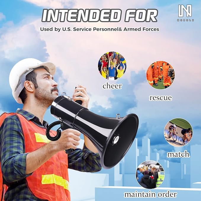50 Watt Professional Bluetooth Megaphone Bullhorn Speaker with Rechargeable Battery & Portable Strap - Siren and Recording - USB/SD/AUX Input - for Police, Cheerleading, Outdoor