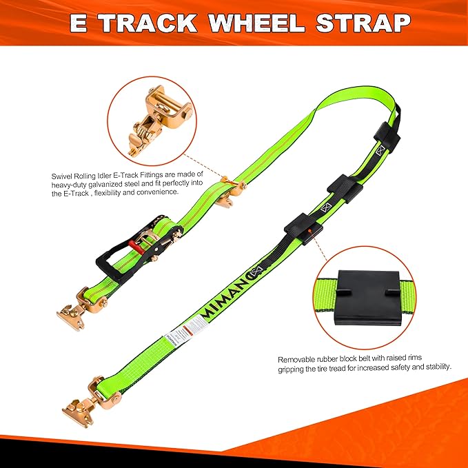 2" x 10' E Track Tire Straps,4Pack,Wheel Straps with E-Track Idler Swivel Anchors Vehicle Hauler,Car Tie Down Straps for Trailers with 3 Rubber Blocks for Towing Car, ATV,UTV