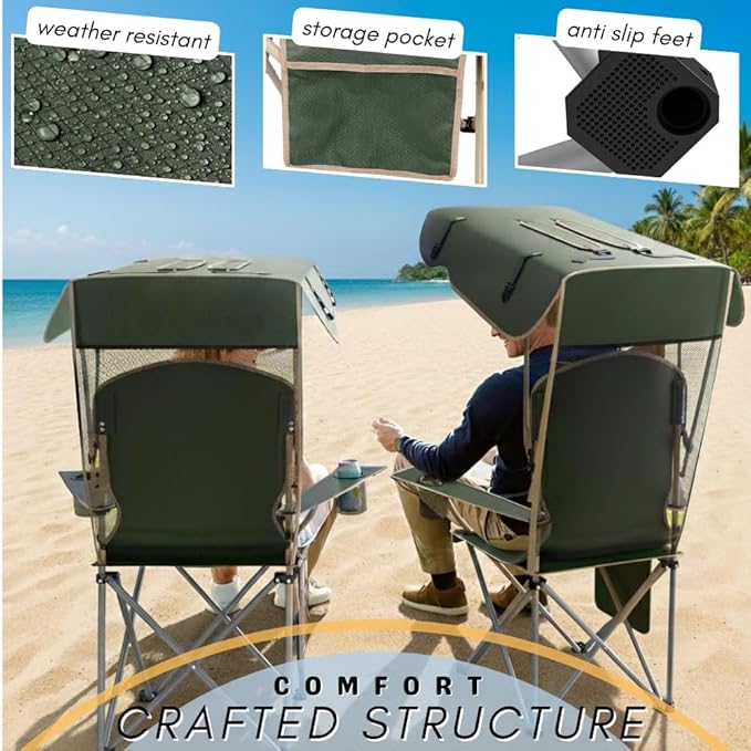 Portable Folding Camping Chairs with Canopy Shade, Beach Chair for Adults, Durable Weather Resistant 600D Oxford Cloth, Camping Chair with Canopy for Outdoors [Olive Green]