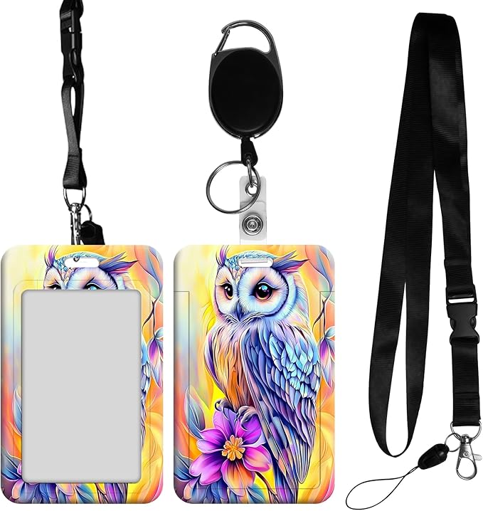 ID Badge Holder with Retractable Lanyard for Women & Men,Vertical ID Card Holder Wallet,Clear Window&Card Slot,Detachable Neck Strap for Nurse Teacher Office,Colorful Cute Owl