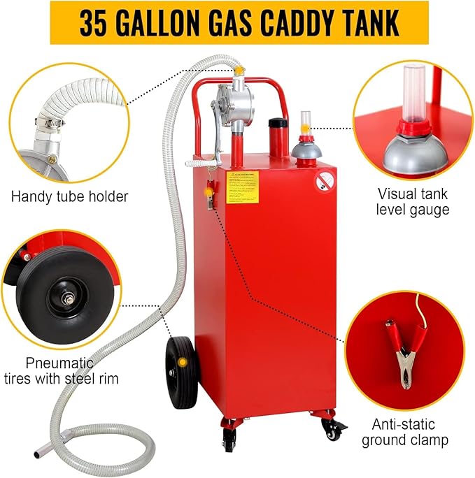 Gas Caddy Fuel Tank Gasoline container Diesel portable gas tank w/pump Rolling & Solid Rubber Wheels for Weeder,Snow blower,Pickup truck,ATV,Water Scooter,Yacht,UTV,Motorcycle (35 Gallon Red)