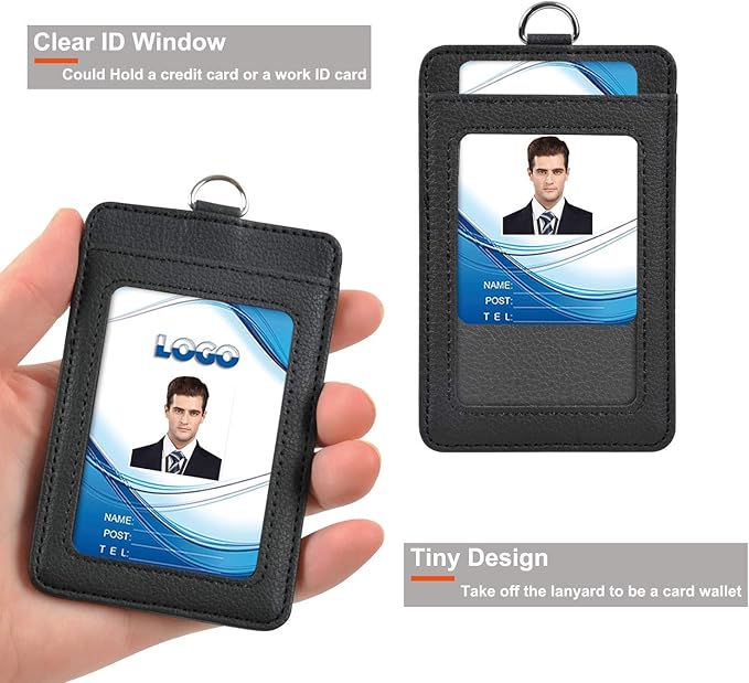 3 Pack PU Leather ID Badge Holder, Life-Mate ID Badge Holder with 1 Clear ID Window 1 Credit Card Slot and PU Leather Lanyard for Badge Credit Cards College ID Cards in Black
