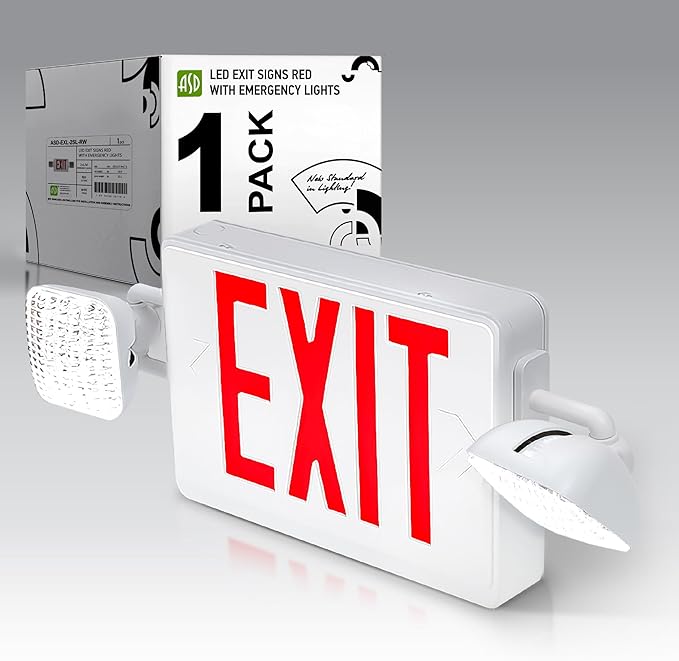 ASD LED Exit Sign with Battery Backup & Square Rotatable Heads - 120-277V UL 2.2W Double Face Emergency Exit Light for Business, Commercial Damp Location Power Outage Lights, Red