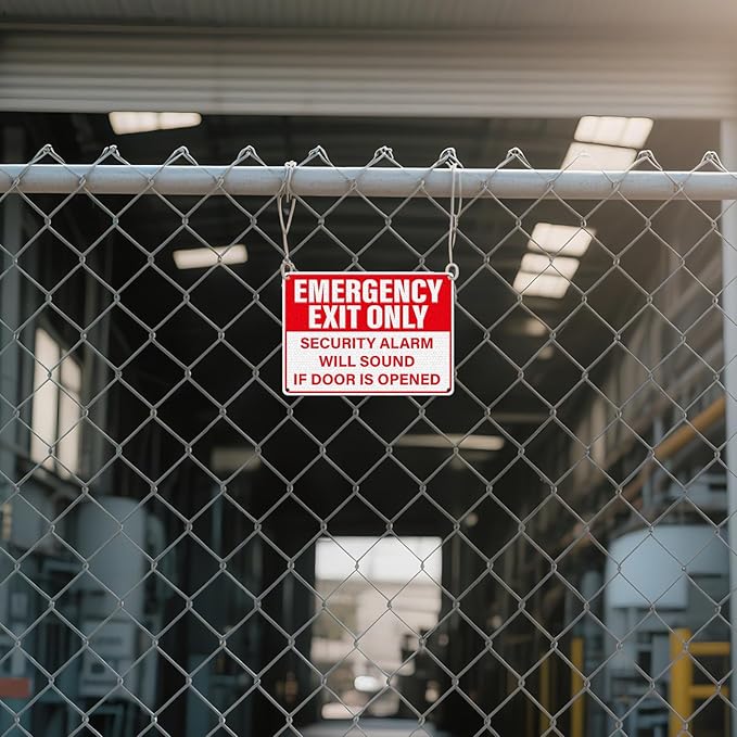 2 Pack Emergency Exit Only - Security Alarm Will Sound If Door Is Opened Sign 10 × 7 Inches Reflective Waterproof Aluminum Safety Signage with Pre-Drilled Holes for Workplace Warehouse