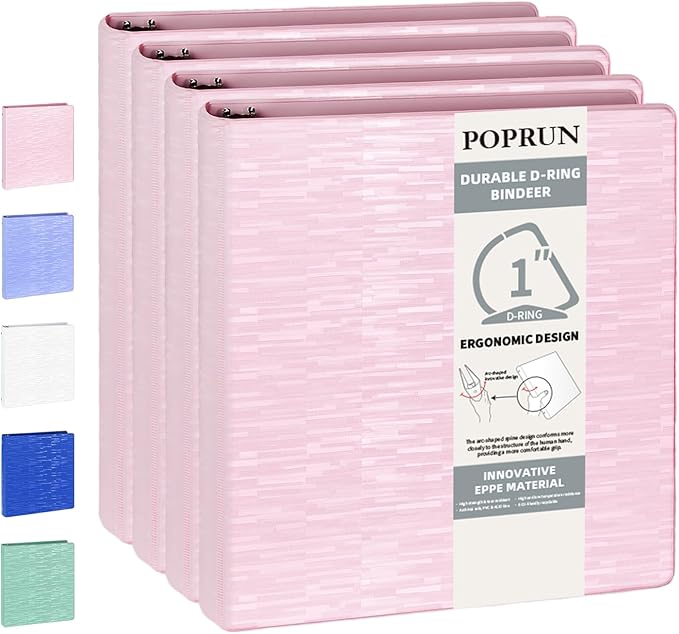 POPRUN 3 D Ring Binder 1 Inch, PVC-Free, Holds 225 Sheets of 8.5 x 11 Paper, Extra Durable Organizer with 2 Pockets for School & Office, Heavy-Duty, 4 Pack, Pink