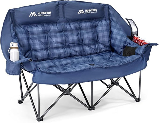 Padded Double Camping Chairs High Back Double Camp Chair Oversized Loveseat Camping Chair Support 800LBS Heavy Duty Camping Couch with Cup Holders, Cooler, Carry Bag, Blue