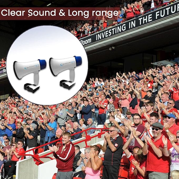 Technical Pro Megaphone 20 Watts Speaker PA with Up to 800 Yard Range for Use at Sports Events Camps Cheer Leading Coaches and Safety Drills - Features Adjustable Volume and Siren (2 Pack)