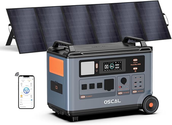 OSCAL PowerMax 6000 Solar Generator with 500W Solar Panel, 120V/240V Split Phase Voltage 6000W AC Outlets (9000W Peak), 2200W AC Charging/2400W PV Charging for Home, Emergency, Bank Battery Backup
