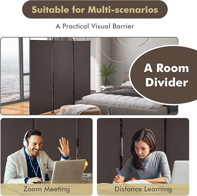 Giantex 3 Panel Room Divider with Wheels, 103''W x 71''H Folding Privacy Screen, Rolling Partition Room Dividers for Home Office Studio, Freestanding Fabric Wall Divider for Room Separation, Brown