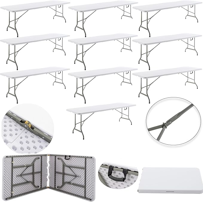 BTEXPERT Set of 10, 8-Foot - 96" Long White Plastic Folding Table Portable 30" Wide, 29" High, Indoor Outdoor Events Banquet Dining Party Patio