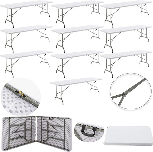 BTEXPERT Set of 10, 8-Foot - 96" Long White Plastic Folding Table Portable 30" Wide, 29" High, Indoor Outdoor Events Banquet Dining Party Patio