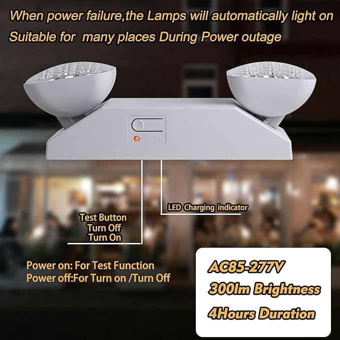 LED Emergency Lights with Plug in Cord for Business Home Power Failure,300lm 4Hours Emergency Exit Lighting Fixtures with Battery Backup,UL 924 AC85-277V