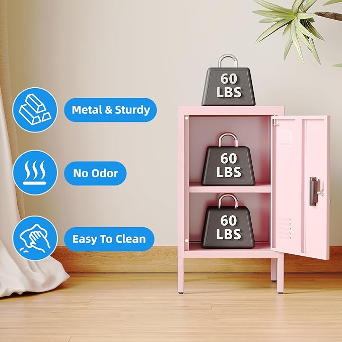 24.4" H Metal Locker Storage Cabinet with Adjustable Shelf, 1 Door Small Storage Cabinet with Adjustable Leveling Foot for Home,Office, Kids Locker,Assembly Required,Pink