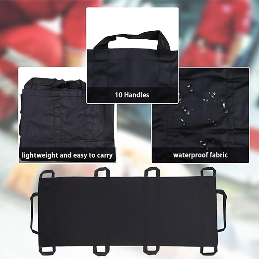 Portable Transport Stretcher with 10 Handles – Lightweight Dog Stretcher & Gurney, Patient Animal Mover for Emergency Casualty Evacuation, 300lbs Capacity (Black) Large