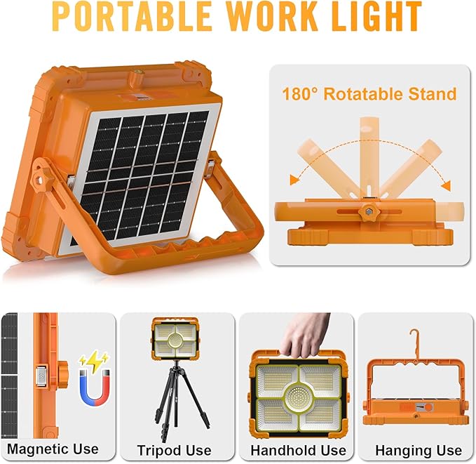 100W LED Solar Work Light, 466 LED 10000LM Magnetic Worklight with 5 Modes, 12000mAh Battary Rechargeable, IP66 Waterproof Portable Solar Outdoor Working Light for Emergency, Repair, Camping