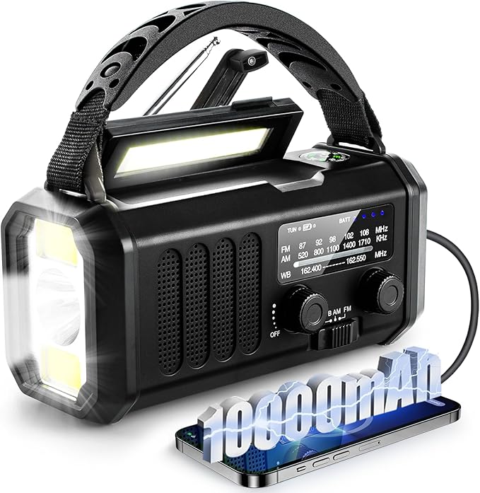 10000mAh Emergency Weather Radio,Portable FM/AM/NOAA Battery Powered Survival Radios&Power Bank,Solar/Hand Crank/Type-C Charger,Flashlight,Reading Lamp,Compass,SOS Alert,Outdoor Camping&Power Outages