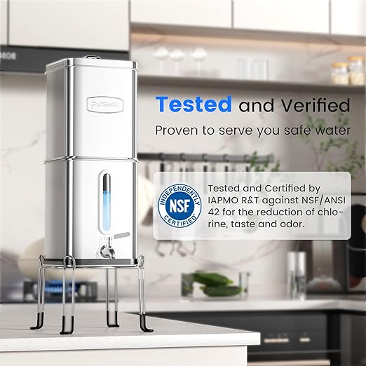 Purewell Square Series 3-Stage Gravity Fed Water Filter System with Water Level Window, Stainless Steel Countertop System with Smart Timer, 2 Upgraded Filters and Stand, Reduce 99% Chlorine, SQ-2.25G