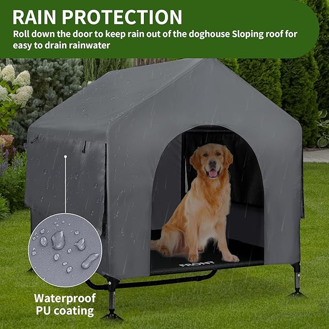 Summertrail 42" Large Dog House Outdoor Indoor with Breathable Mesh Windows-Elevated Dog Bed Cot Dog Tent Shade Shelter for Large Breeds with Canopy, Weatherproof Dog Kennel for Outside, Easy Clean