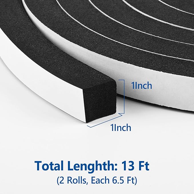 Self Adhesive Foam Tape Weatherstrip 1In x 1In x 13Ft High Density Foam Insulation Strips Foam Seal Weather Stripping with Strong Adhesive for Door and Window Sound Isolation Soundproofing