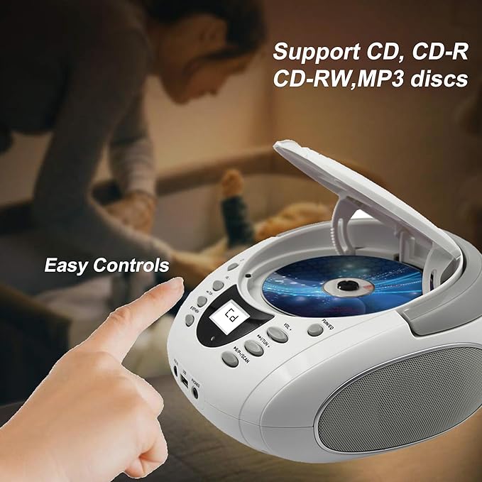 LONPOO CD Players Portable Boombox with FM Radio/USB/Bluetooth/AUX Input and Earphone Jack Output, Stereo Sound Speaker & Audio Player,White