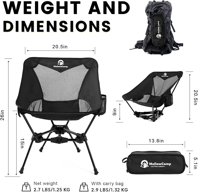 MellowCamp Camping Chair, Ultralight Folding Backpacking Hiking Chair, Compact Portable for Hiking, Camping, Backpacking, Beach, Roadtrip (Dark Night)